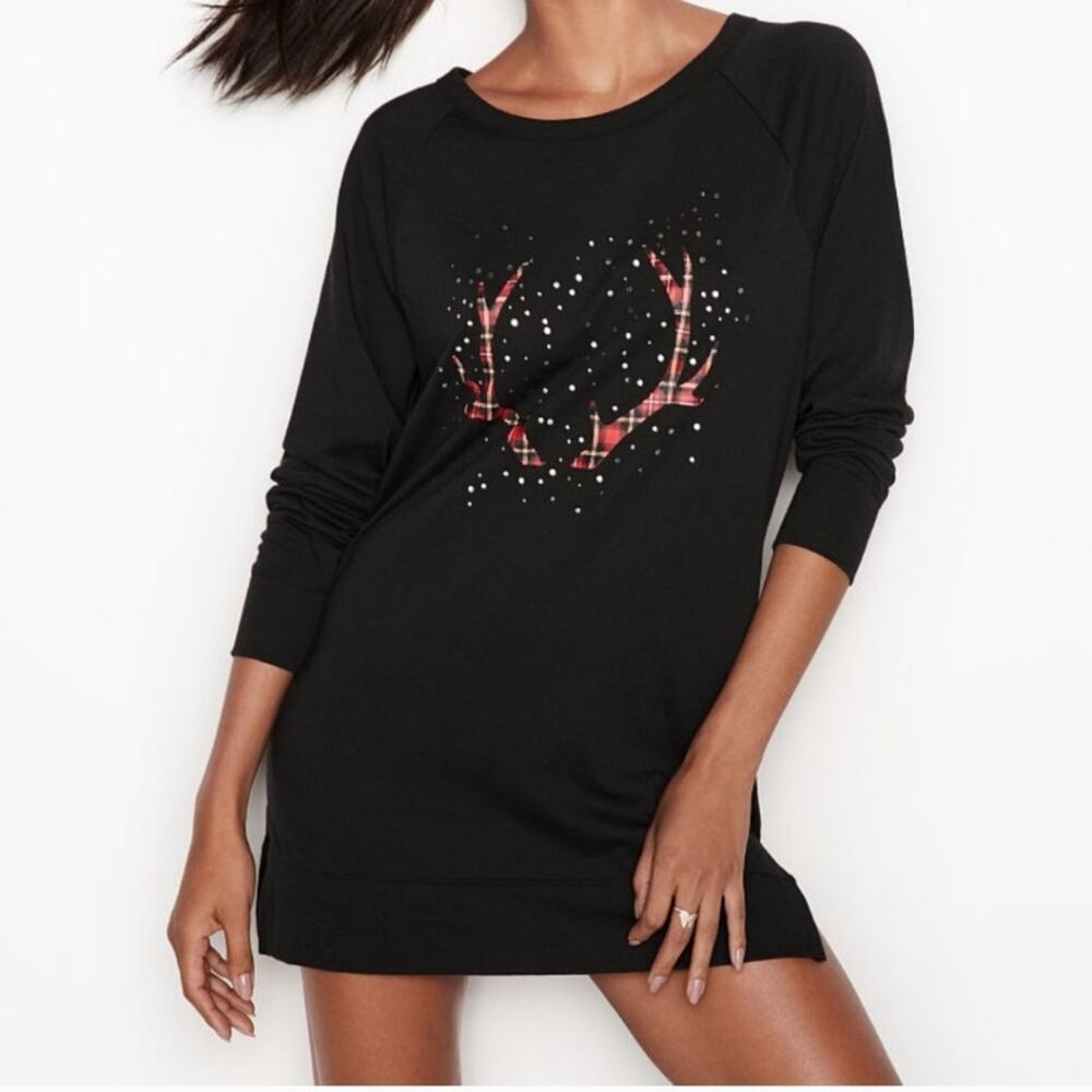 VS Victoria Secret Nightgown Sleepshirt Black Plaid Deer Sparkle Angel Medium